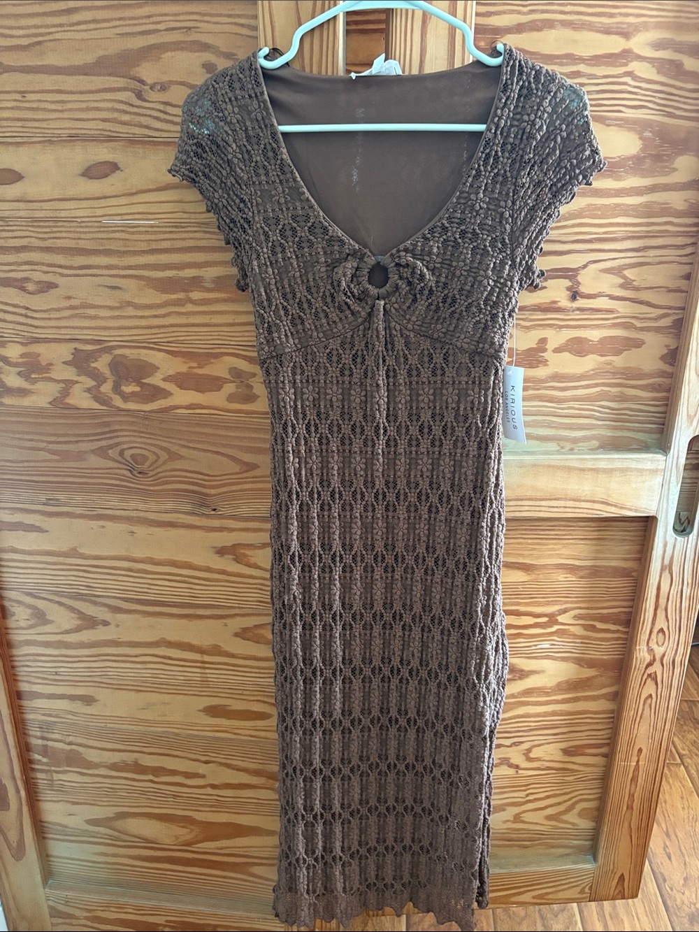 Brown Crochet Midi Dress with Ring Tie - Women
